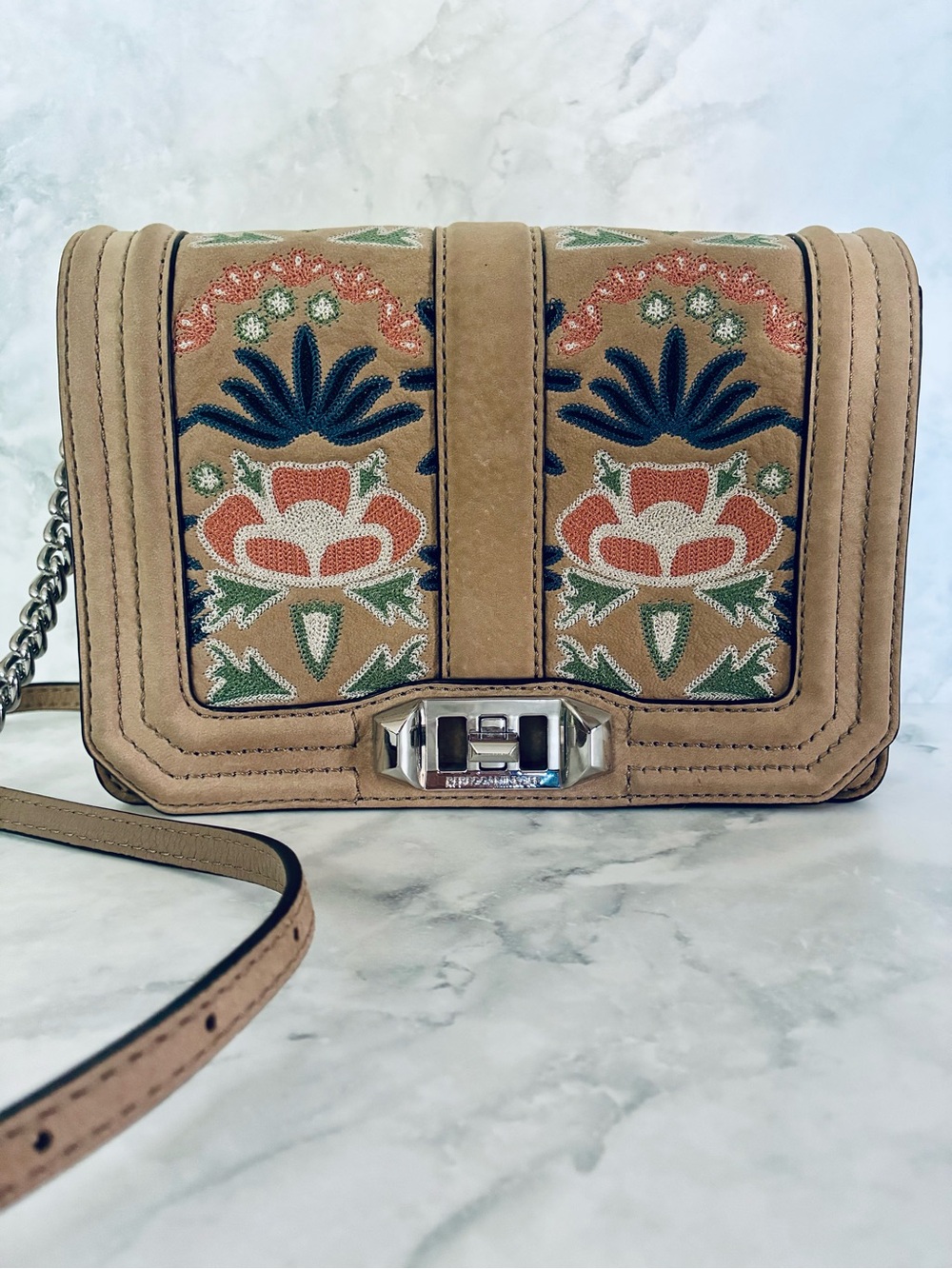 Rebecca Minkoff Small Love Embroidered Nubuck Leather Sandstone Crossbody Bag